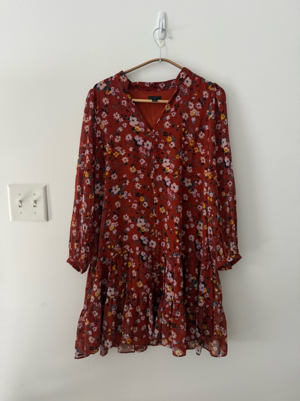 Ann Taylor Red Floral Long Sleeve Ruffle Hem Midi Dress